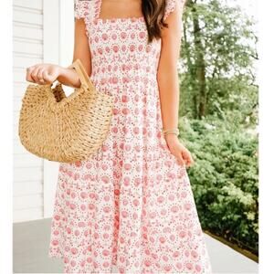 HILL HOUSE Ellie Nap Midi Dress Mermaid Shell Print Pink White {3N53}